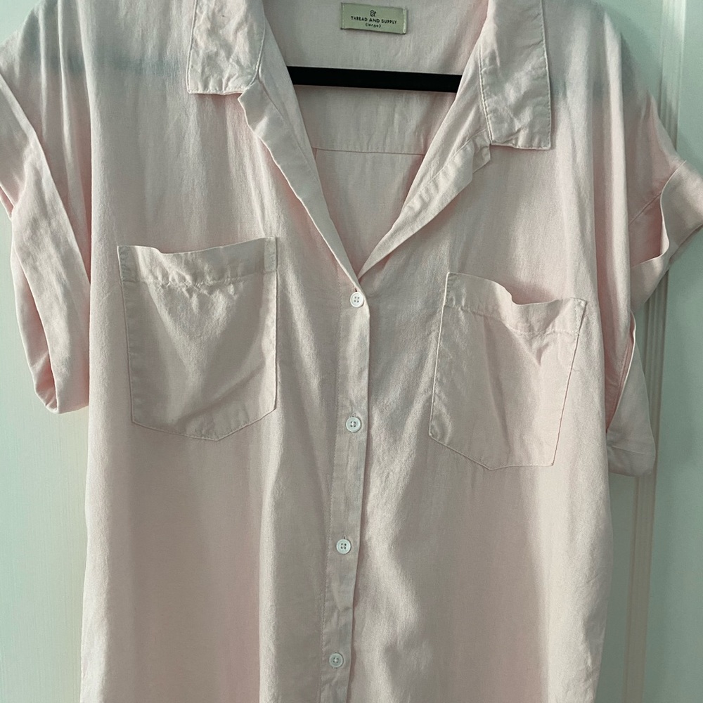 Pink thread and supply button up